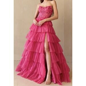 Amelia Couture 9053 Womens Size 6 Pink Tulle Ruffles Corset Prom Formal Dress